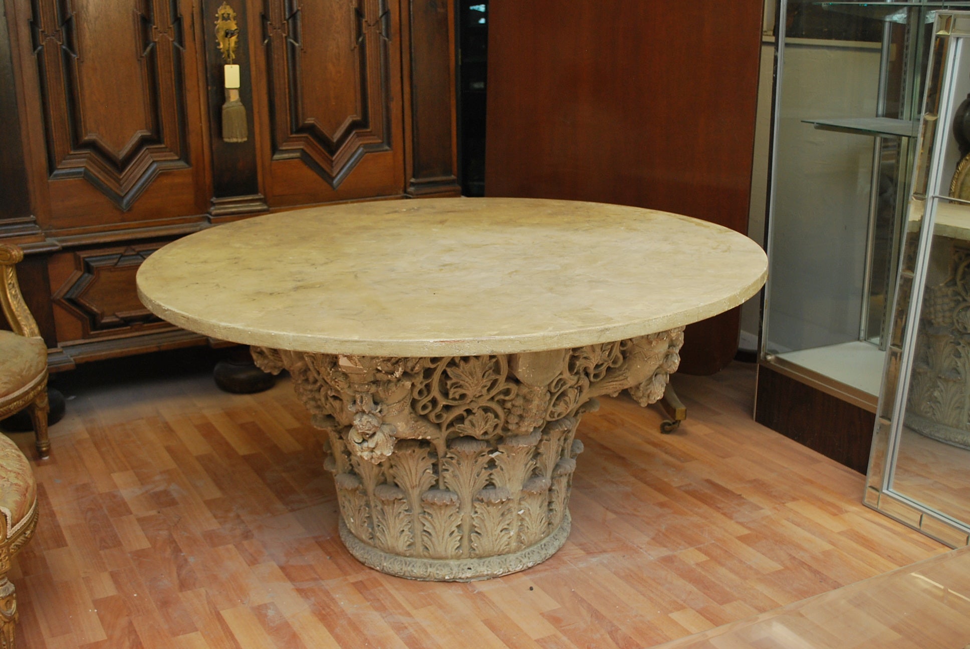 19th C Corinthian Plaster Base With Wooden Faux Finish Marble Top