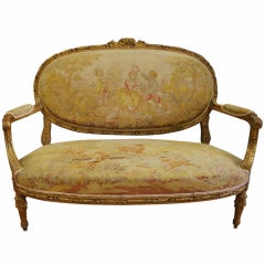 19th c. Louis XVI Style French Gilded Wood & Neddlepoint Settee