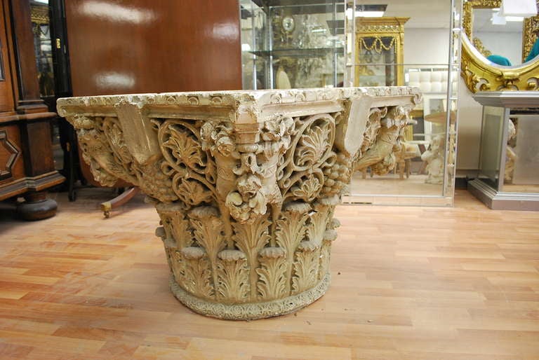 Cement 19th C Corinthian Plaster Base With Wooden Faux Finish Marble Top