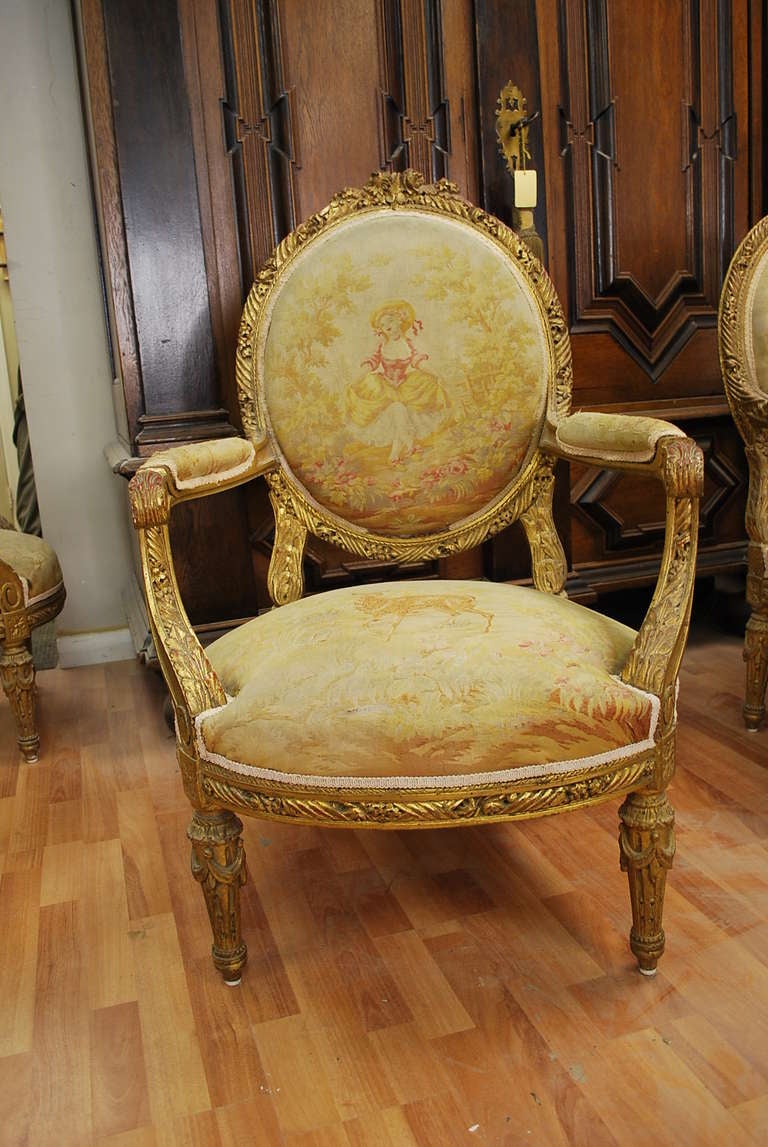 French Set of four french gilded wood & nedllepoint Louis XVI Style Fauteuils