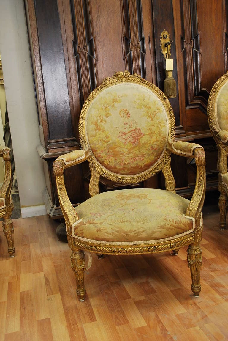 19th Century Set of four french gilded wood & nedllepoint Louis XVI Style Fauteuils