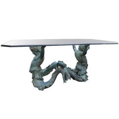 Pair Bronze Merman Base with Beveled Oval Glass Top Table