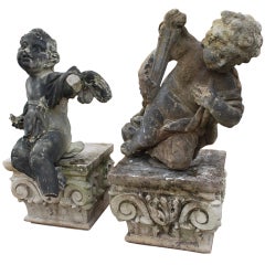 Pair Seated 19Th Century Coade Stone Angels