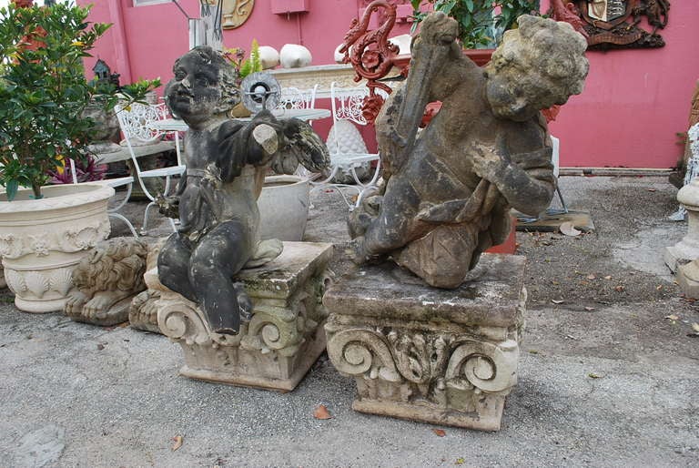 Pair Seated 19Th Century Coade Stone Angels