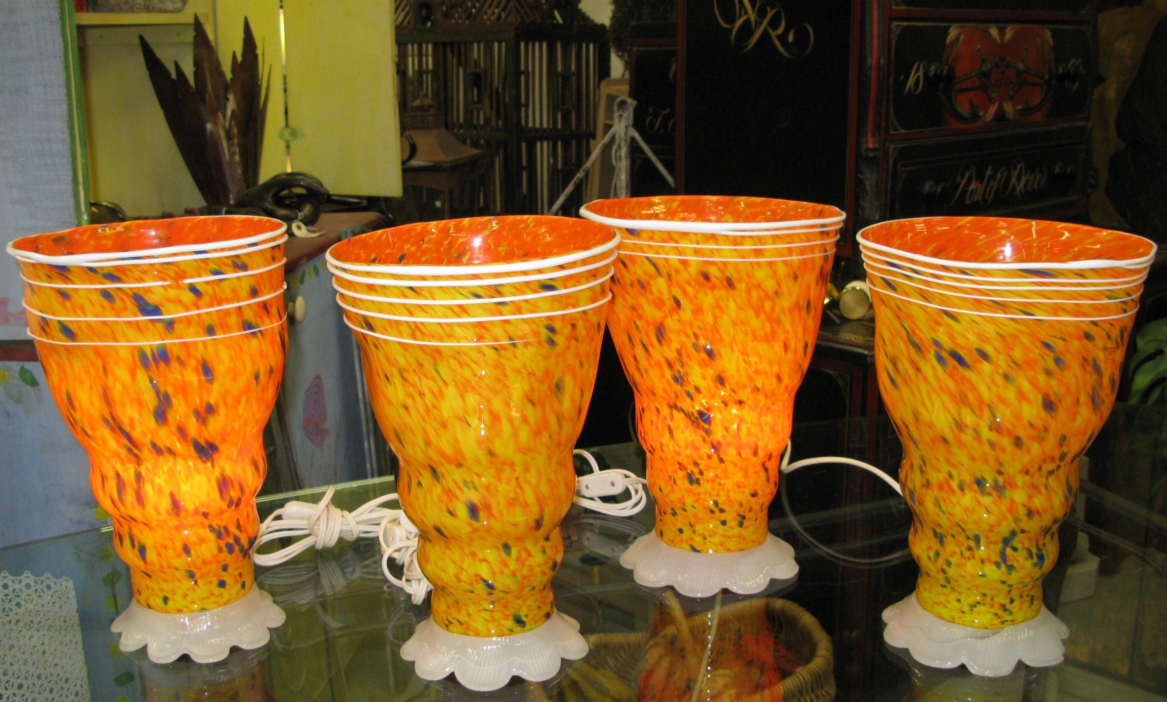 Mid Century Confetti Pattern Murano Glass Table Lantern Set