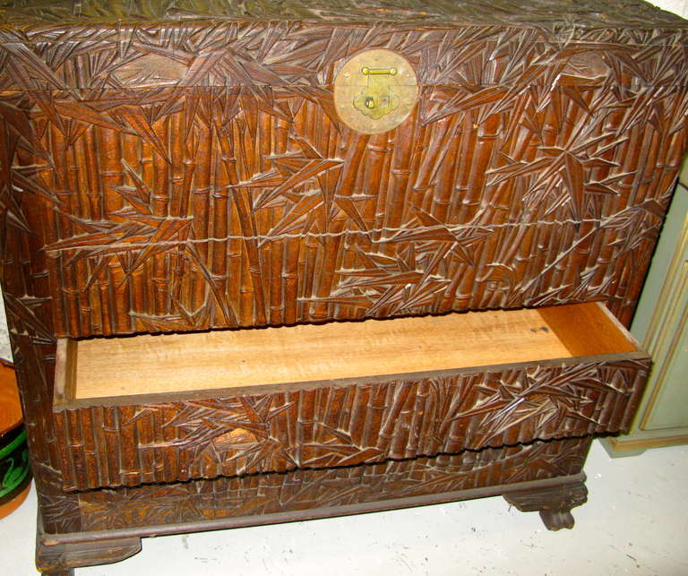 Hong Kong Antique Asian Chest/Trunk Hand Carved Bamboo Decor