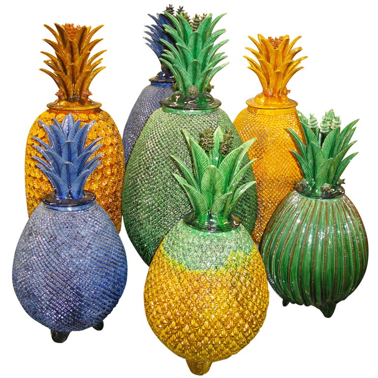 Groups of 7 Terra Cotta Glazed Lidded Pinapple by Mexican Artist