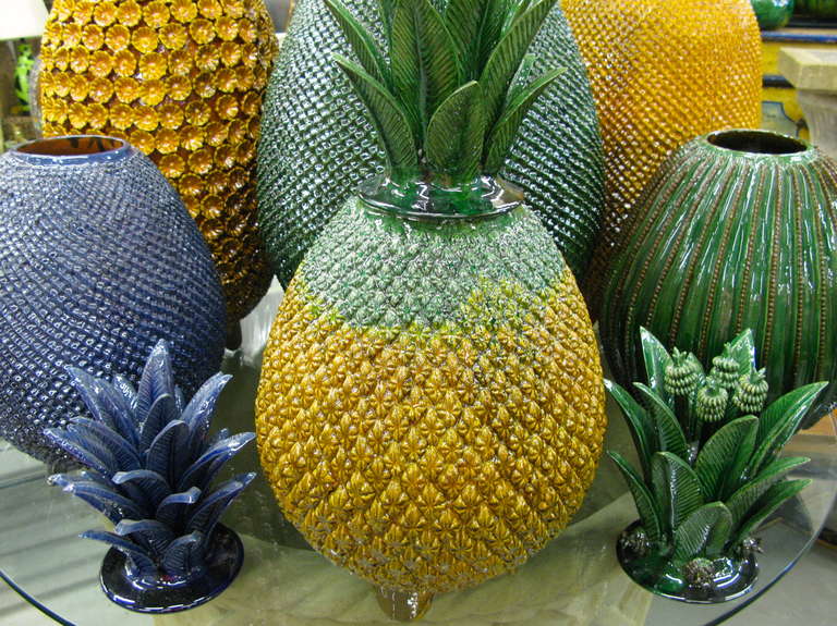 Groups of 7 Terra Cotta Glazed Lidded Pinapple by Mexican Artist In Good Condition In West Palm Beach, FL