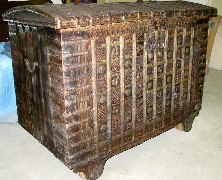 19th C .iron & Brass Bound Teak Whelled Dowry Chest