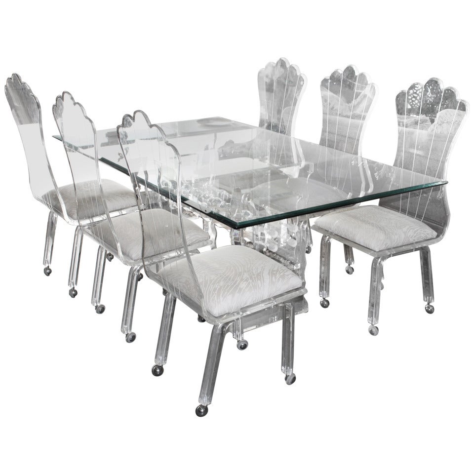 Lucite Dining Table with Six High Back Lucite Chairs on Wheels