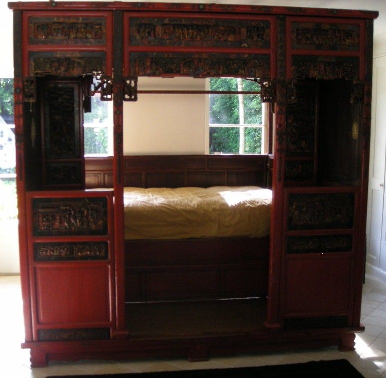 Very large and unusual Chinese day bed , the space from the<br />
entrance space into the bed is big enough to place an  armchair or table on each side .<br />
The Mattress is custom made for the bed.<br />
each panel are removable for easy