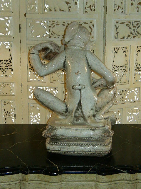 Crackled Taupe Glazed Italian Terra Cotta Monkey seated on Pillow playing Accordion