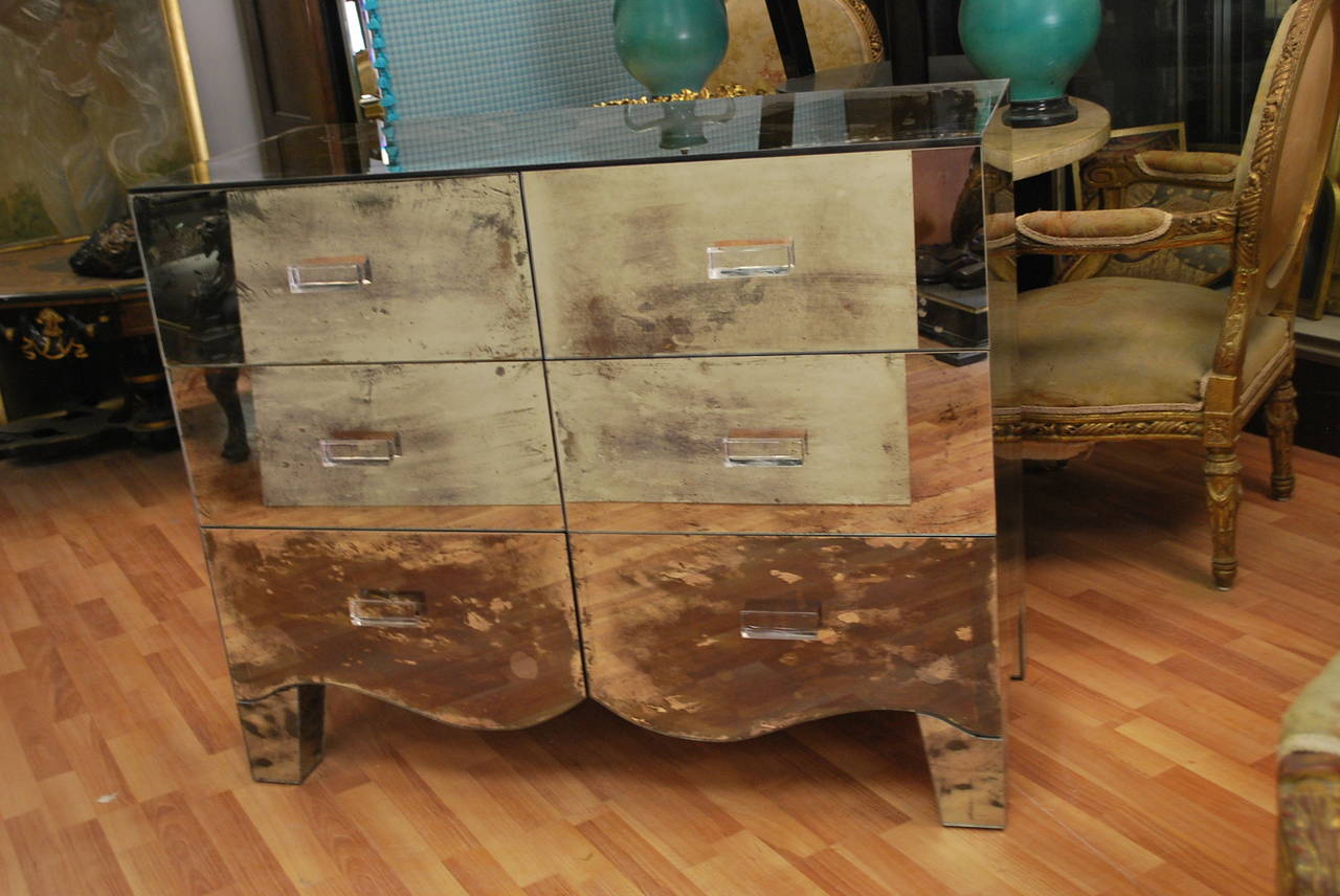 20th Century Contemporary Mirrored Six-Drawer Dresser with Lucite Pull