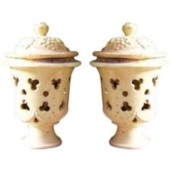Pair of Glazed Terra Cotta Urns with Lids