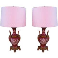 Pr Mid 19Th C Hand Painted French Table Lamps with Bronze ormolu