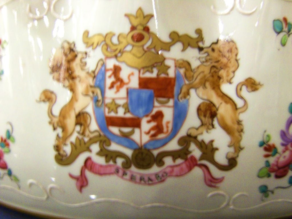 A beautiful hand-painted fluted oblong bowl with coat of arms by Samson.