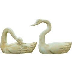 Lovely Pair of Large Carved Whitewashed Wood Swans