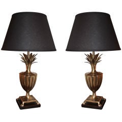 Pair Brass and Mahogany Pineapple Urn Lamps