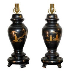Pair Unusual Laquered Wood Lamps With Chinoiserie
