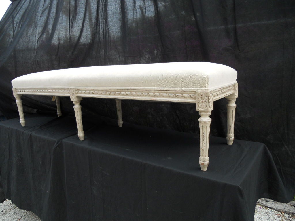 Over 5 Ft Long carved wood & beige Linen upholstered