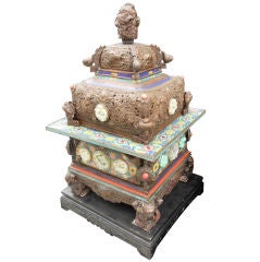 Antique Large Tibetan Bronze & Cloisonne Incense Burner
