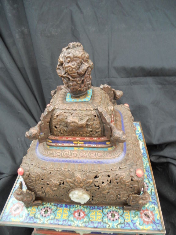 Large Tibetan Bronze & Cloisonne Incense Burner 1