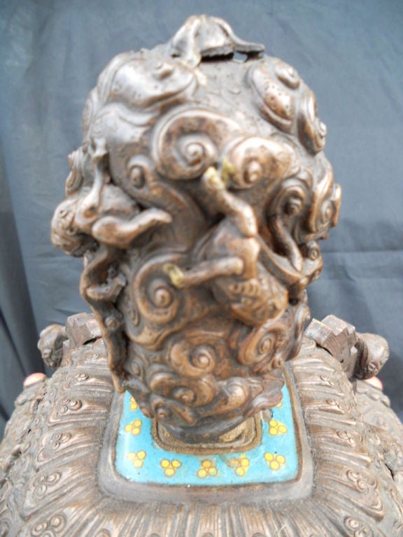 Large Tibetan Bronze & Cloisonne Incense Burner 2