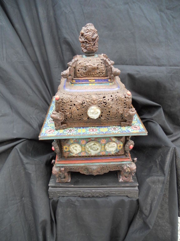 Large Tibetan Bronze & Cloisonne Incense Burner 4
