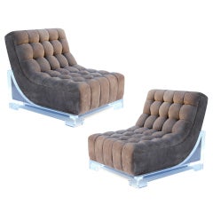 Pair of 1970's Custom Suede and Lucite Slipper Chairs 