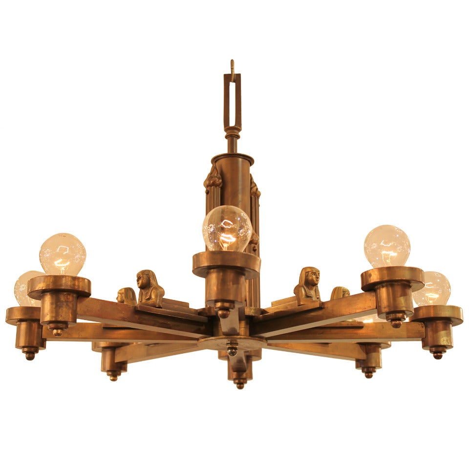 Egyptian Revival 8 Arm Brass  Chandelier 1920s