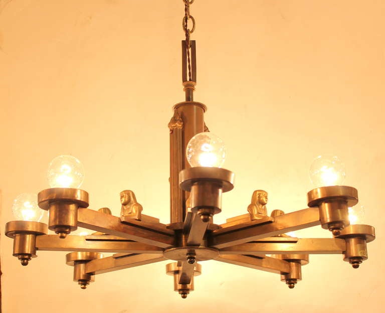 Unknown Egyptian Revival 8 Arm Brass  Chandelier 1920s
