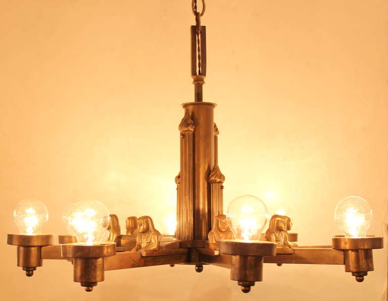 Egyptian Revival 8 Arm Brass  Chandelier 1920s In Excellent Condition In Los Angeles, CA