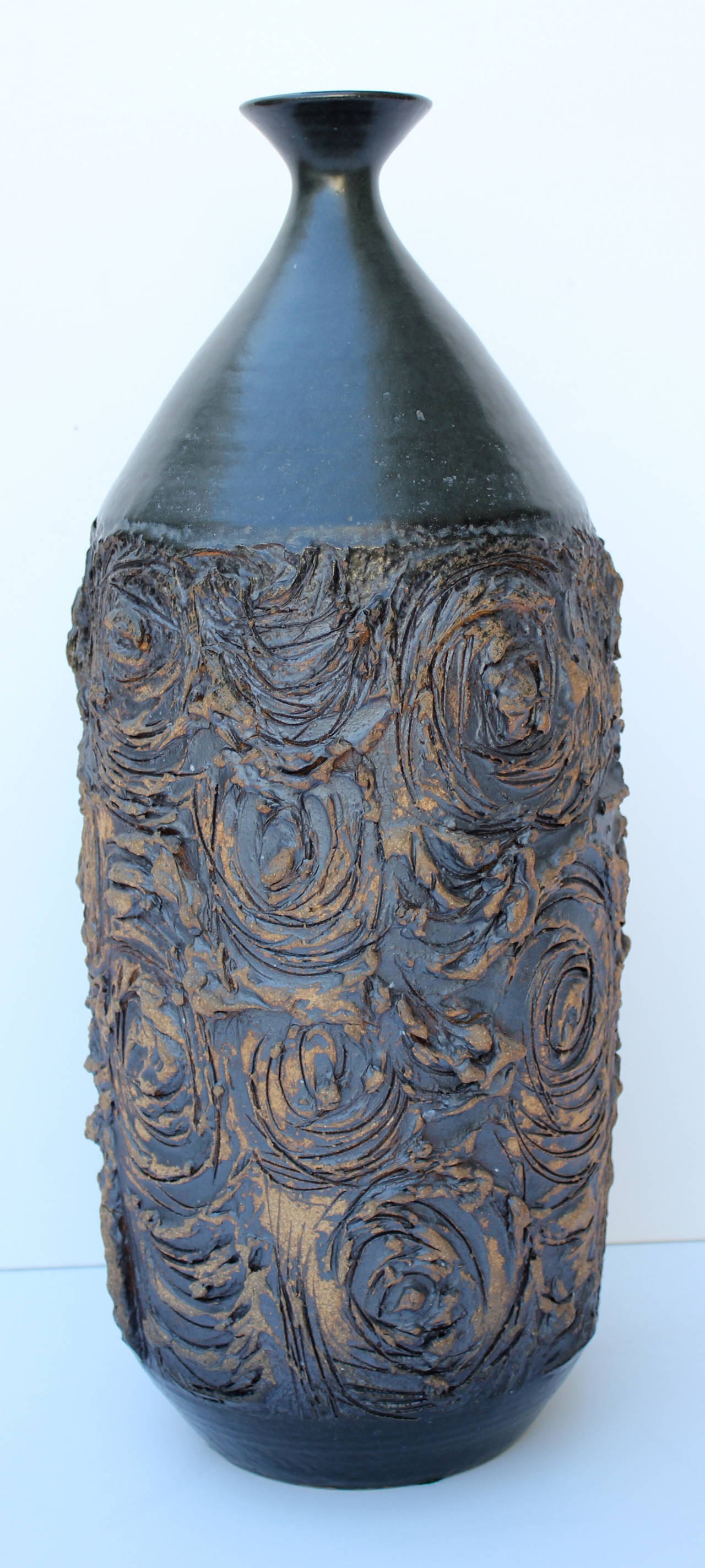 Large Vicki Littlejohn stoneware vase, California, 1970s. 23 inches tall. Ventilated.