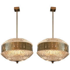 Pair of Murano Glass and Brass Chandeliers