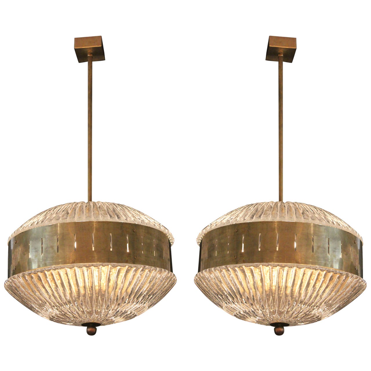 Pair of Murano Glass and Brass Chandeliers
