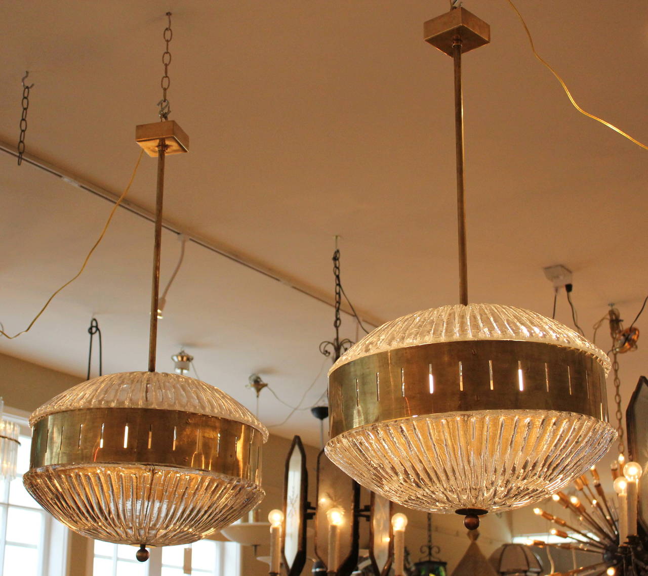 20th Century Pair of Murano Glass and Brass Chandeliers