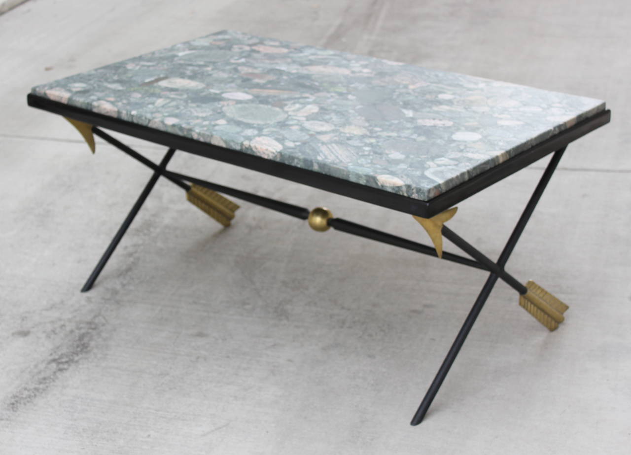Arturo Pani brass and iron, lacquered wood and stone cocktail table.