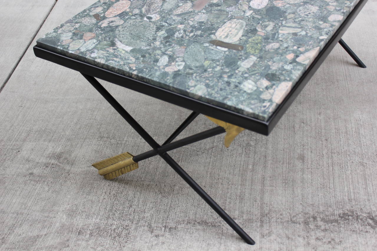 Mid-20th Century Arturo Pani Brass and Iron, Lacquered Wood and Stone Cocktail Table