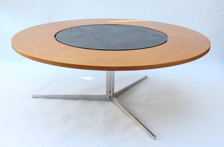 Rare Fabricius and Kastholm Italian slate and teak cocktail table with stainless steel base. Designed in 1962 Ivan Schlechter.