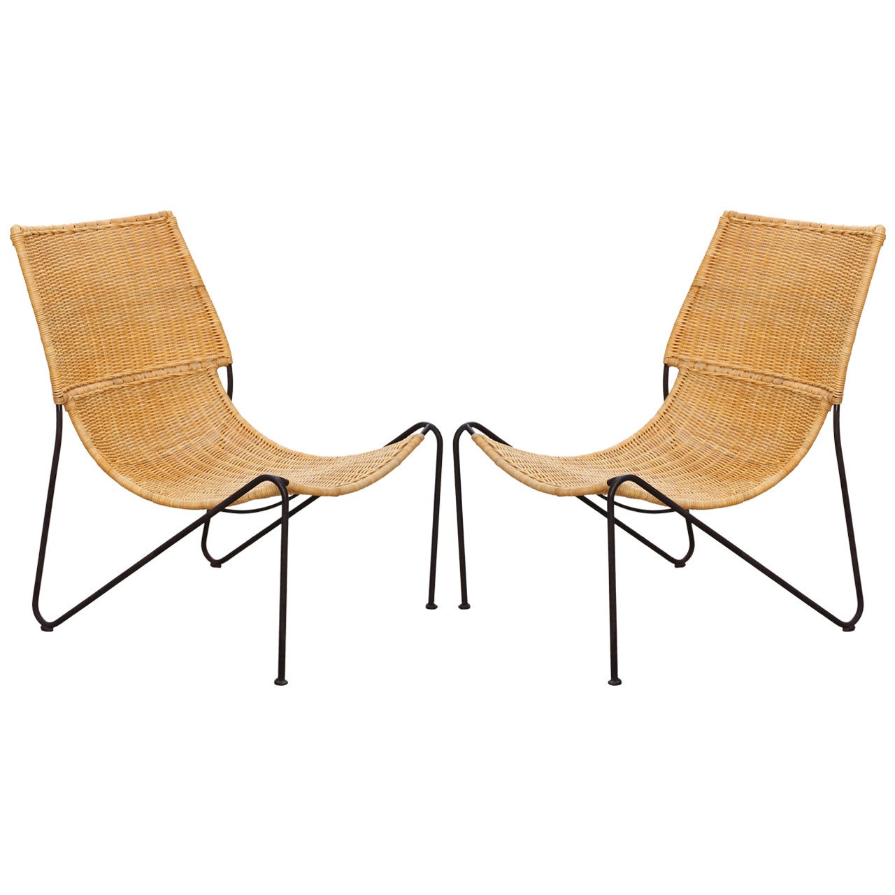 Pair of Mexican Iron and Caned Lounge Chairs For Sale