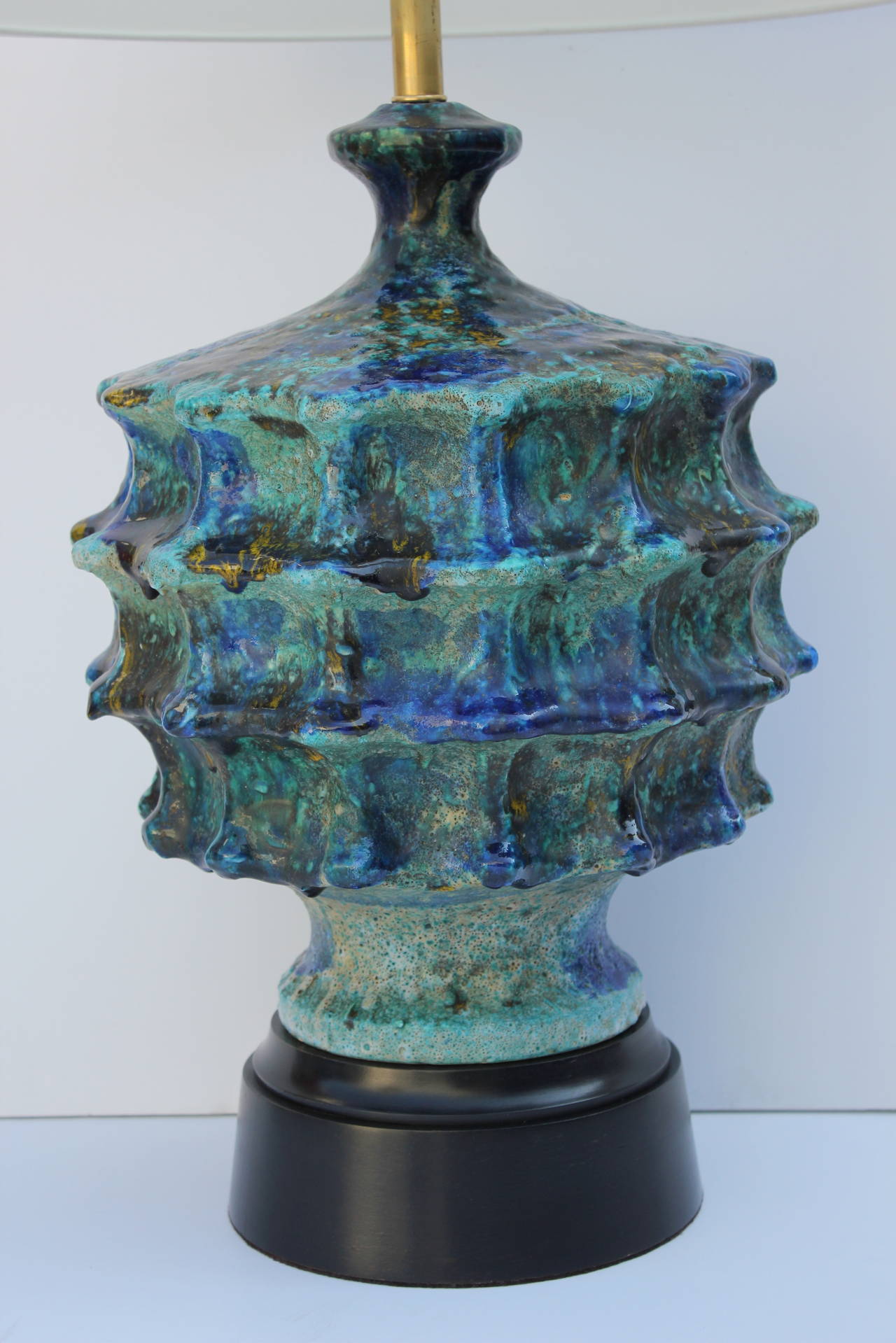 California ceramic lamp with lava glaze. 
New double cluster, rewired. 
Shade additional $400.