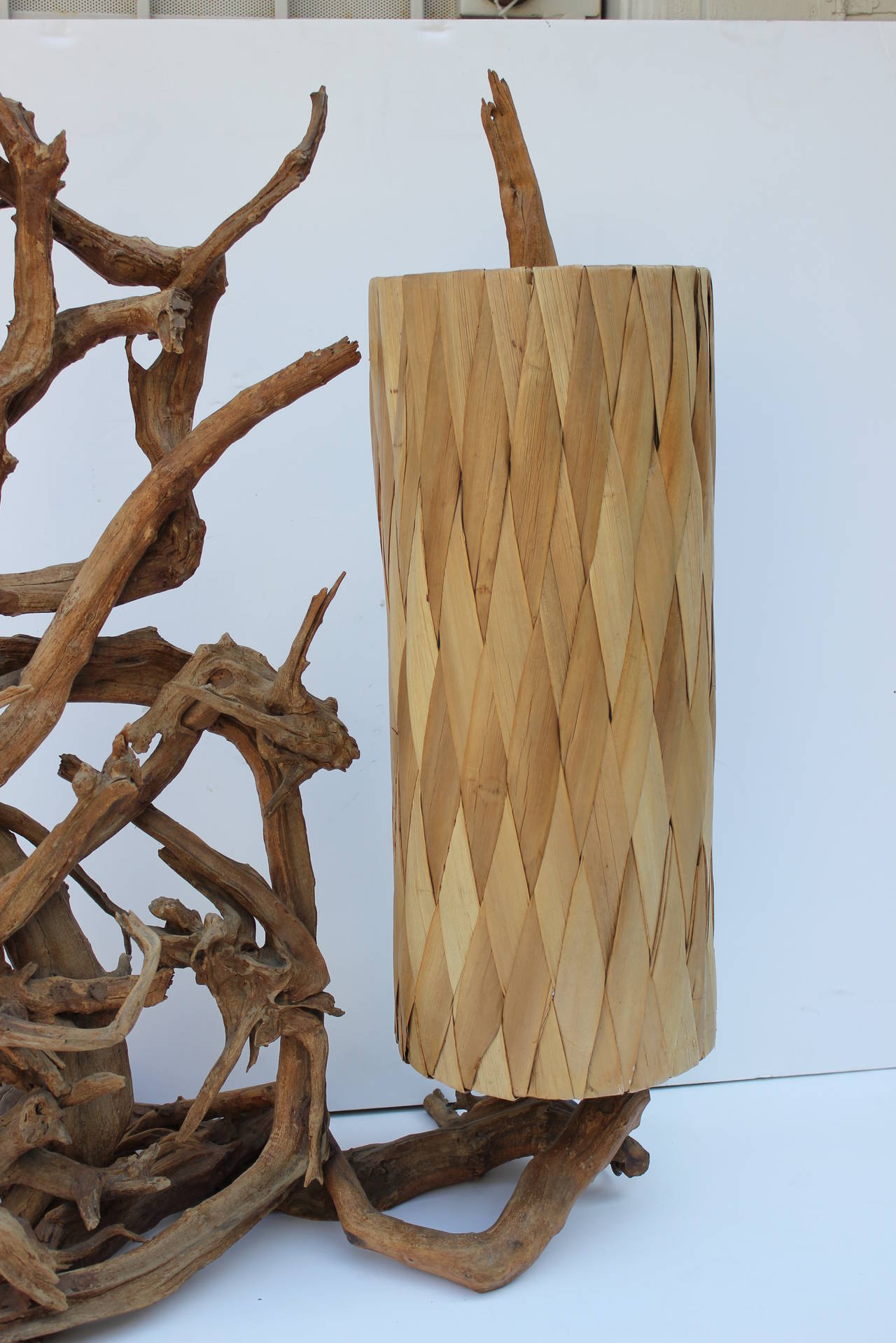 Large California driftwood sculptural lamp with original palm shade. Rewired.