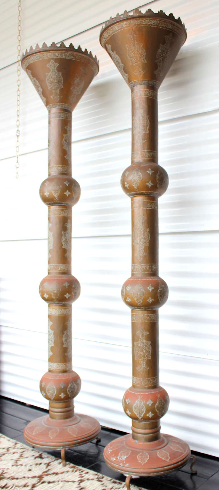 Pair of 6 Foot Brass Moroccan Torchieres.  Rewired with silk cord.   
Beautiful patination.