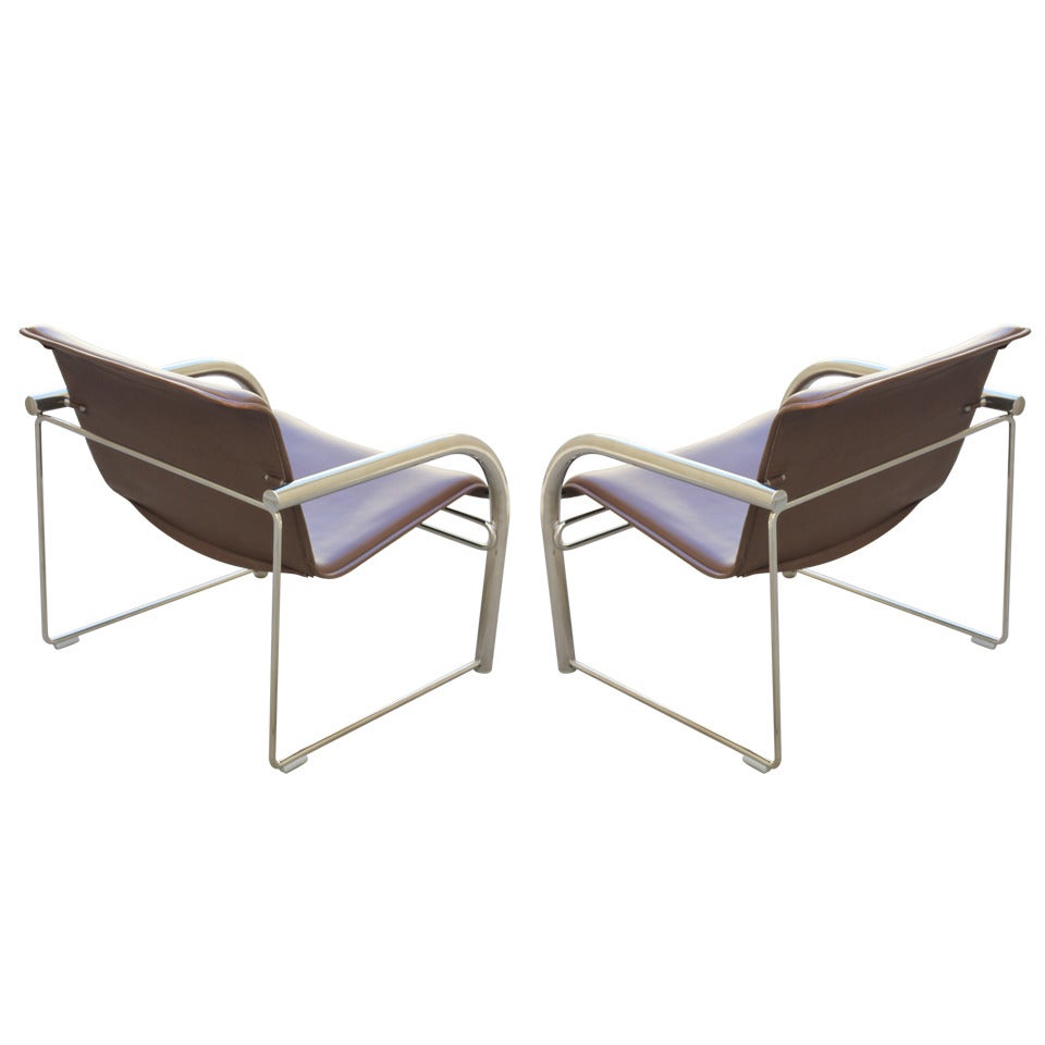 Pair of Richard Schultz Leather and Chrome RS48 Lounge Chairs For Sale