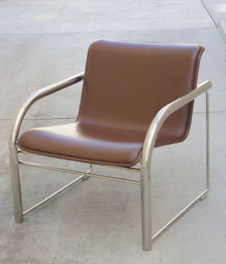 Pair of Richard Schultz Leather and Chrome RS48 Lounge Chairs For Sale