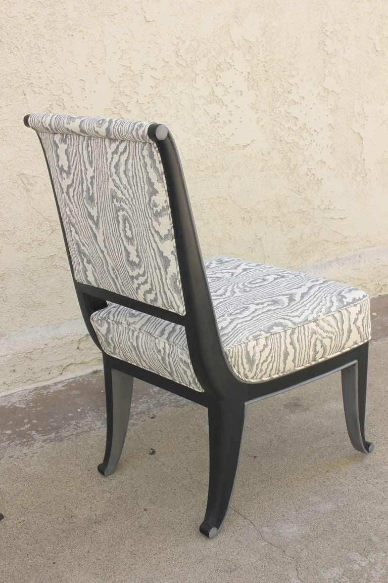 Pair of Petite Chairs in the manner of 
Émile-Jacques Ruhlmann.  Black Matte Finish with Gray Detail.  Newly upholstered.