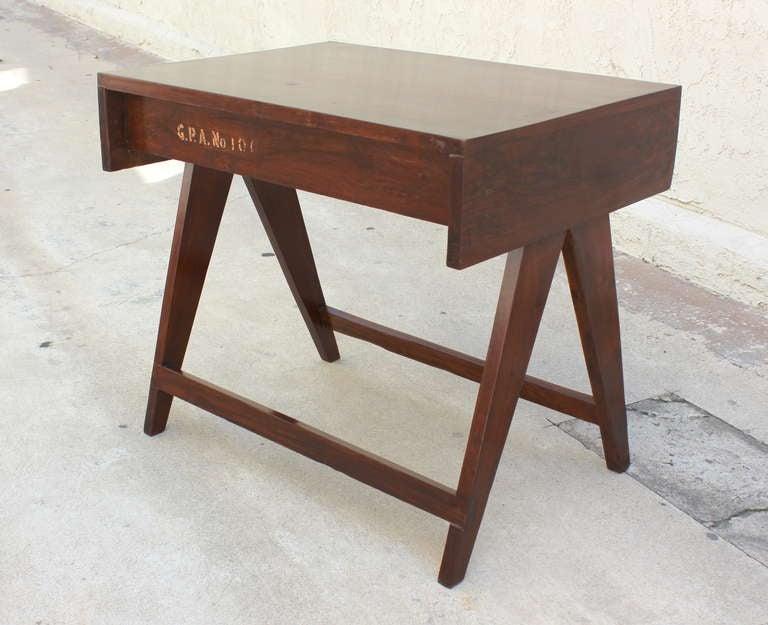 Pierre Jeanneret Chandigarh student teak desk from the Administrative buildings. Teak. Stenciled numbers. France / India.