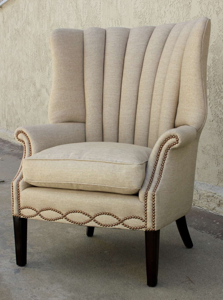 1940s Channel Back Linen Wing Chair In Excellent Condition In Los Angeles, CA