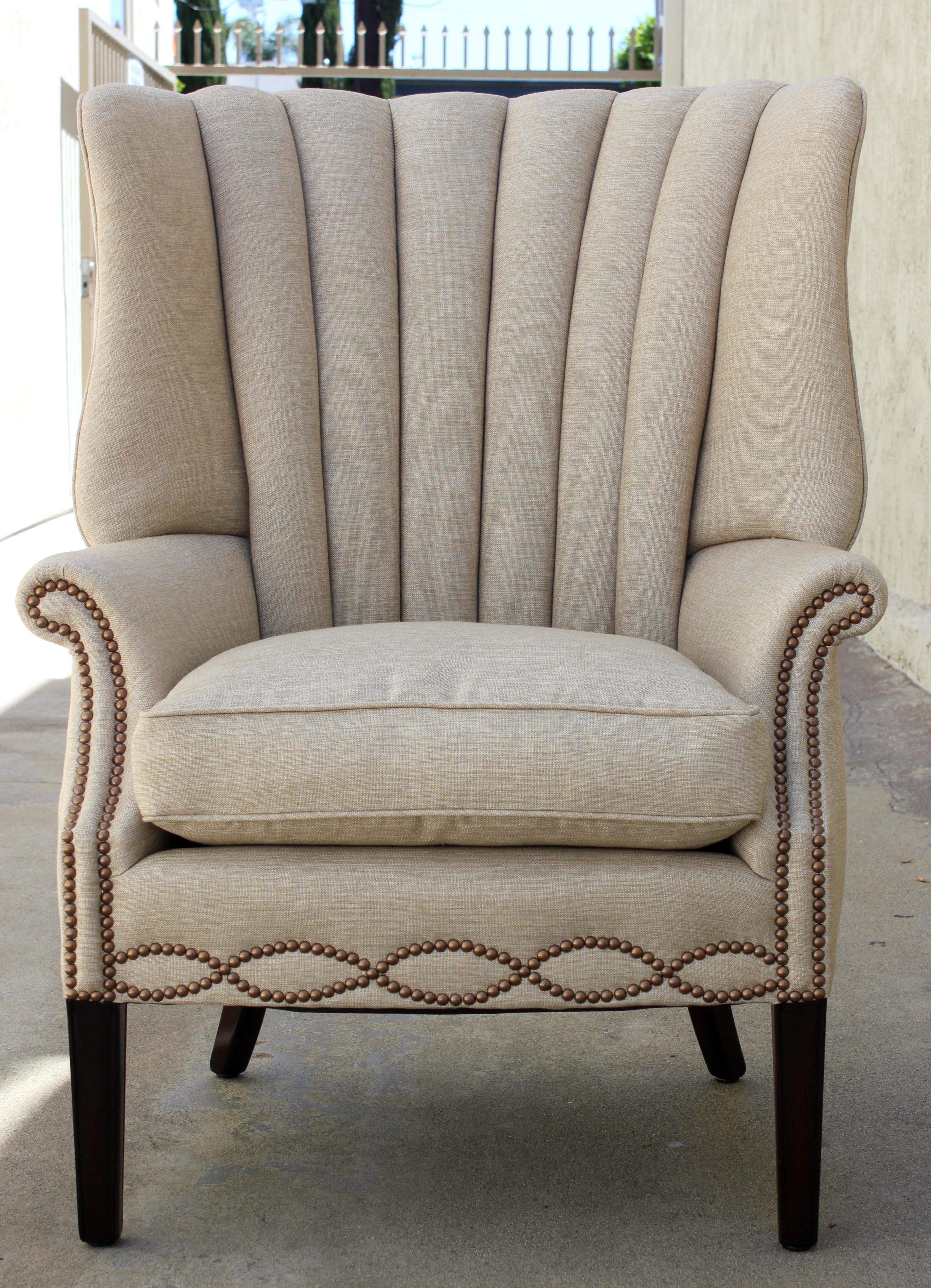 1940s Channel Back Linen Wing Chair