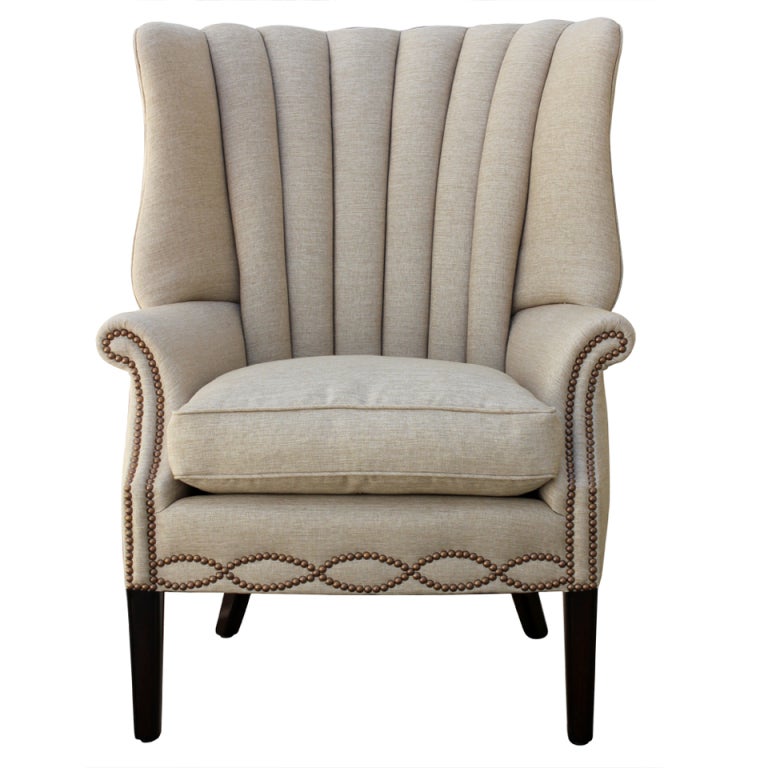 1940s Channel Back Linen Wing Chair at 1stdibs